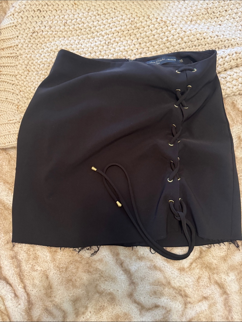 House of Harlow 1960 Black Lace-Up Mini Skirt with Gold Eyelets